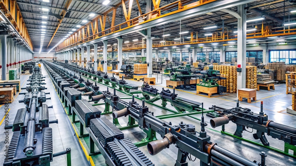 Fototapeta premium Rows of high-tech machinery and production lines in a modern weapons factory, with rifles and artillery components in various stages of assembly.