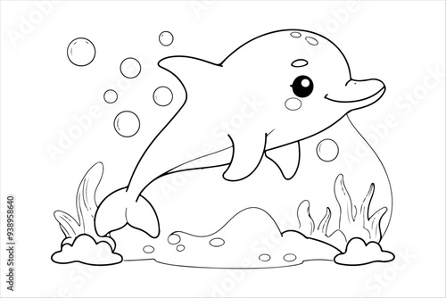 Coloring page of cute dolphin for kids coloring book