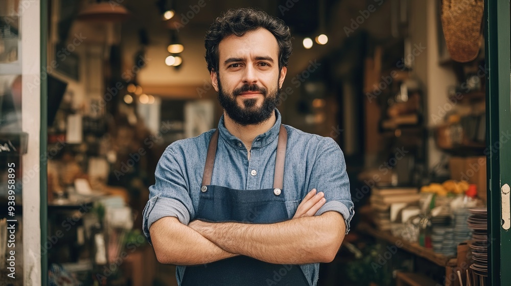 Fototapeta premium Small business owner at the entrance of their shop, looking confidently at the camera,