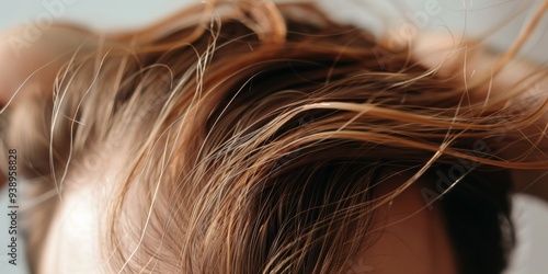 Close-up view of tousled hair with light brown and blonde highlights, capturing the chaotic beauty of messy hairstyles in natural daylight photo