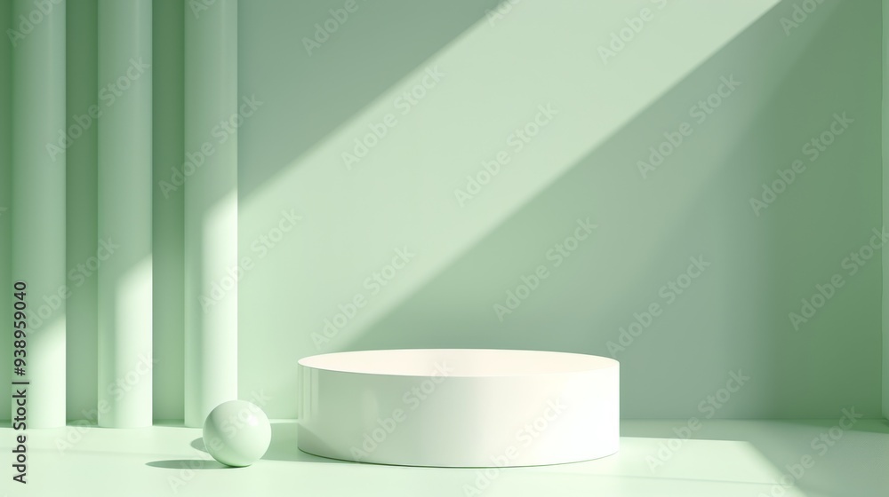 A minimalist interior featuring soft green tones and geometric shapes illuminated by natural light during the day, creating an inviting and tranquil atmosphere in a modern space A minimalist interior featuring soft green tones and geometric shapes illuminated by natural light during the day, creating an inviting and tranquil atmosphere in a modern space