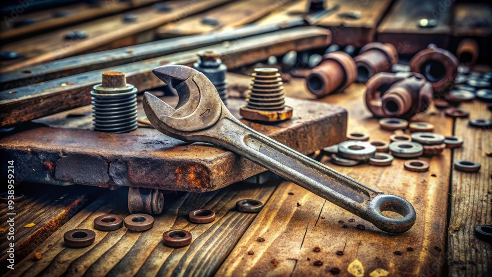 Rusted wrench lies on a metal gear, surrounded by bolts and screws, against a worn, wooden workbench with a blurred, industrial background. Rusted wrench lies on a metal gear, surrounded by bolts and screws, against a worn, wooden workbench with a blurred, industrial background.