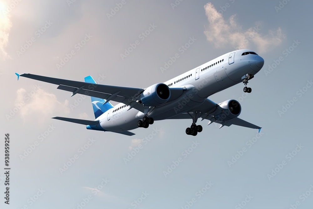 Contemporary Airplane Soaring in Ascent with 3D Fabrication on White Background Contemporary Airplane Soaring in Ascent with 3D Fabrication on White Background