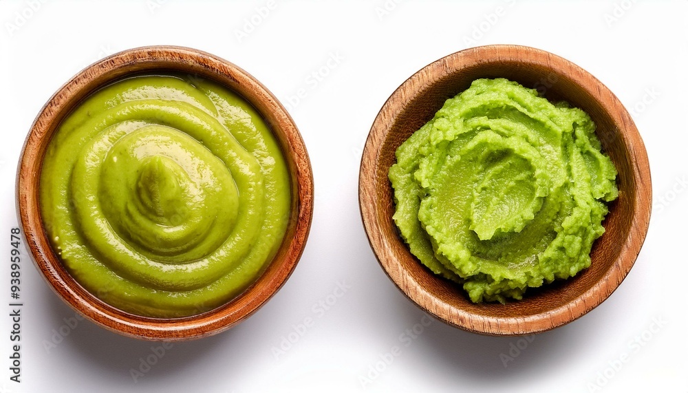 Obraz premium Wooden bowl with wasabi sauce isolated on white background. top view 
