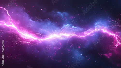 A stunning depiction of cosmic energy, featuring vibrant pink lightning illuminating the vastness of space and colorful nebulae.