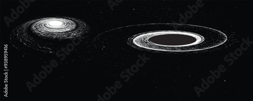 Black hole with disc of plasma eating dying star in space. Supermassive singularity in core off a galaxy, with noise texture . Event horizon .Vector illustration