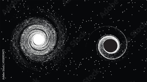 Black hole with disc of plasma eating dying star in space. Supermassive singularity in core off a galaxy, with noise texture . Event horizon .Vector illustration