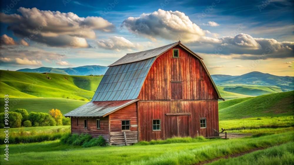 Rustic red barn with faded wooden planks and a corrugated metal roof stands alone in a lush green meadow surrounded by rolling hills. Rustic red barn with faded wooden planks and a corrugated metal roof stands alone in a lush green meadow surrounded by rolling hills.