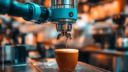 A robotic barista in a stylish cafe preparing coffee with precision and efficiency symbolizing thefuture of customer service in the food and beverage industry Stock Photo with copy space photo