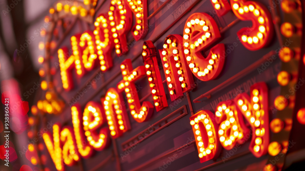 Brightly illuminated Valentine's Day sign glowing in vibrant red and orange colors in a festive urban setting during the evening, celebrating love and affection Brightly illuminated Valentine's Day sign glowing in vibrant red and orange colors in a festive urban setting during the evening, celebrating love and affection