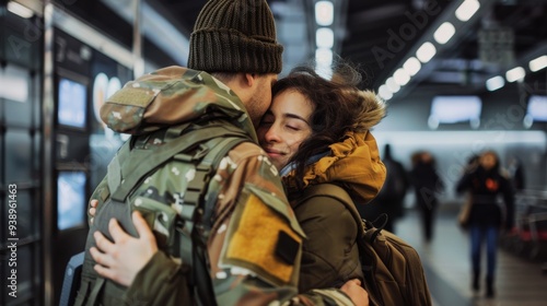 A soldier in uniform embraces a loved one at a train station, capturing a heartfelt farewell moment in a busy urban setting.