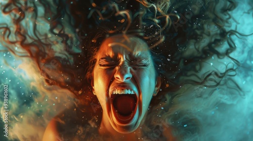 A woman with long, curly hair screams underwater, creating a powerful and emotional expression, surrounded by blue and green hues.