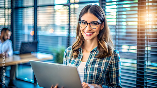 A beautiful young woman with glasses, holding a laptop in her hands, a freelance girl or a student at a computer
