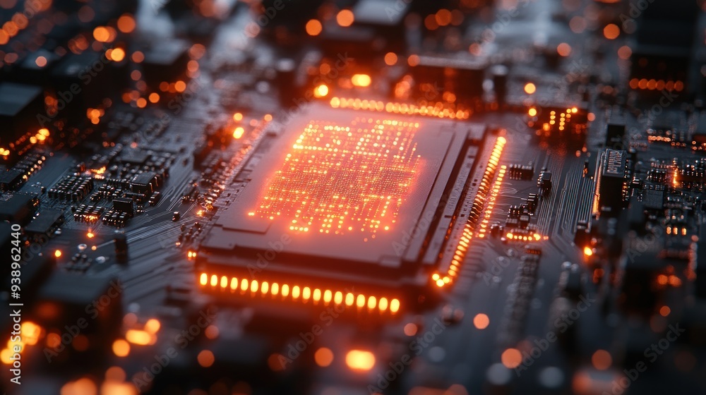 Close-up of a glowing CPU on a motherboard Close-up of a glowing CPU on a motherboard