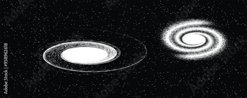 Black hole with disc of plasma eating dying star in space. Supermassive singularity in core off a galaxy, with noise texture . Event horizon .Vector illustration