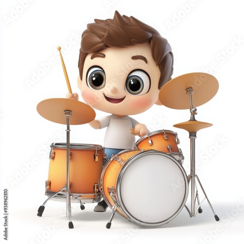 Cartoon Drummer Character, a cheerful cartoon-style man with a large head, big eyes, and a friendly smile, chubby body and short limbs, vibrant design appealing to children, clear white background photo