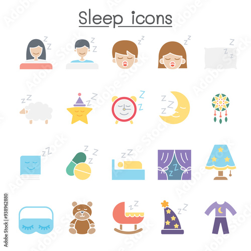 Sleep icons set in flat color style