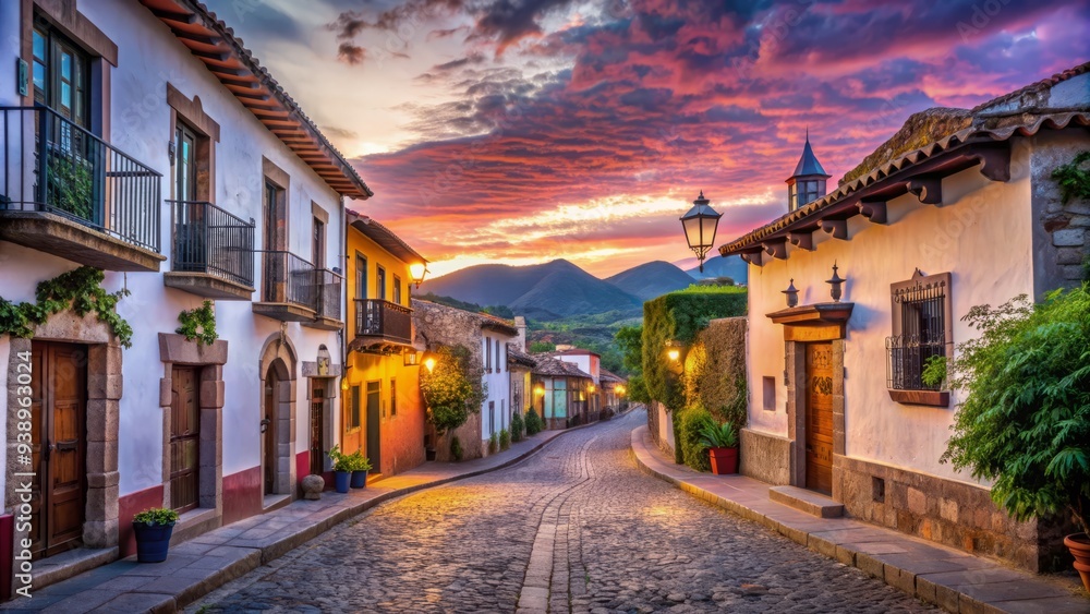 Serene dawn breaks over traditional adobe buildings and cobblestone streets in Mazamitla, a quaint Mexican town nestled in the Sierra Madre mountains. Serene dawn breaks over traditional adobe buildings and cobblestone streets in Mazamitla, a quaint Mexican town nestled in the Sierra Madre mountains.