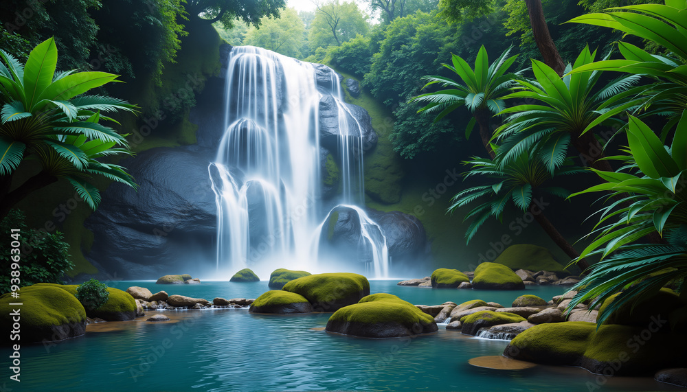 A beautiful waterfall in a tropical forest full of green trees. AI generated A beautiful waterfall in a tropical forest full of green trees. AI generated
