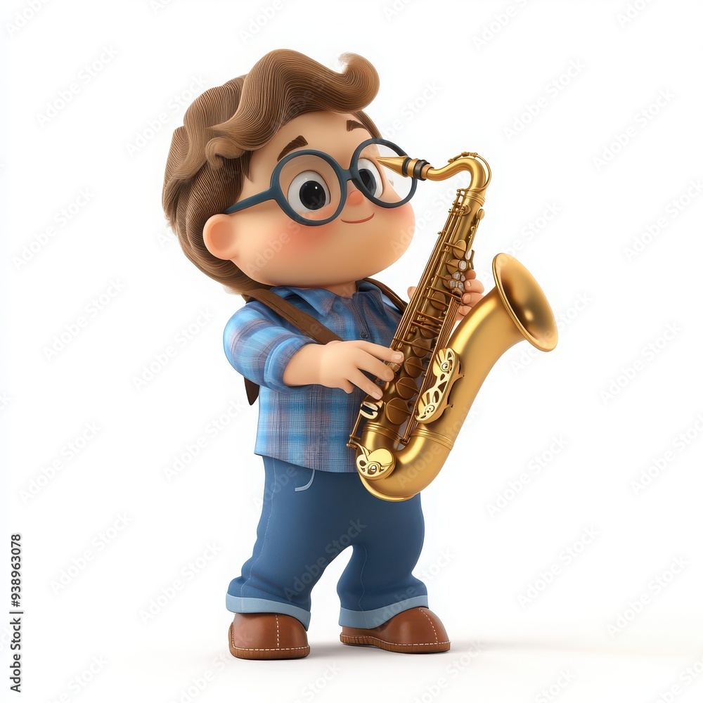 Naklejka premium Charming Cartoon Saxophonist, a delightful 3D character with a large head and big eyes, exuding friendliness, designed to captivate children's imaginations on a clean white background