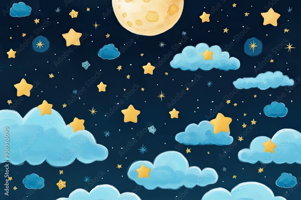 Whimsical Night Sky with Stars, Moon, and Clouds Whimsical Night Sky with Stars, Moon, and Clouds