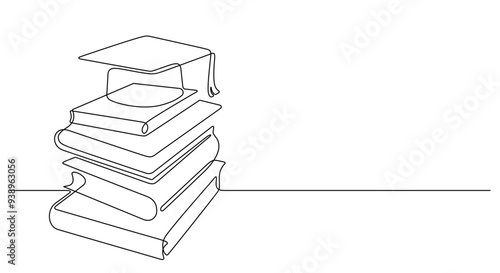 graduation cap on top of stack books in continuous line drawing