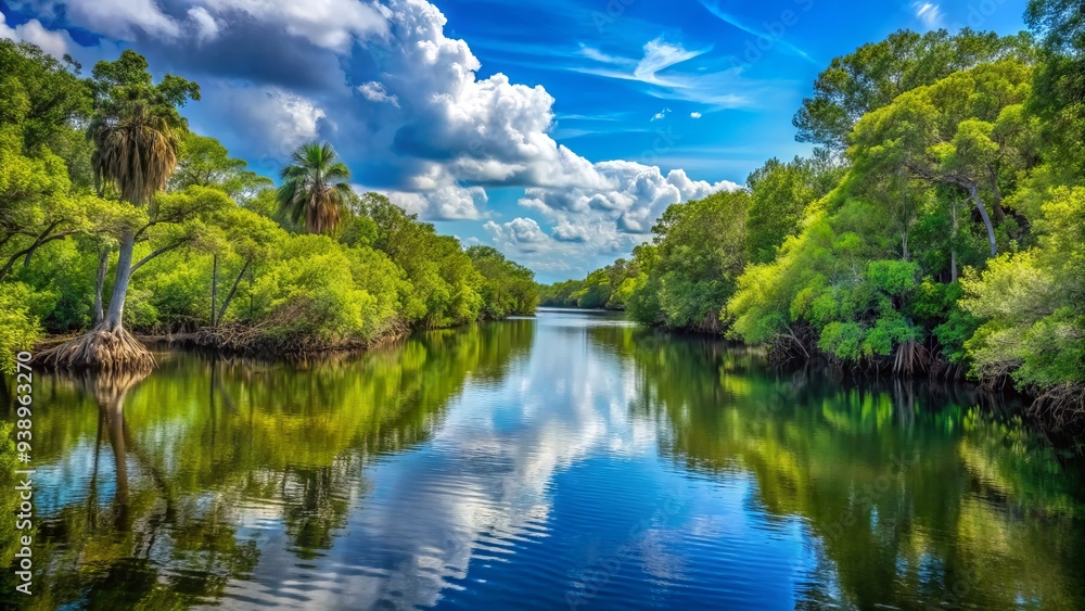 Fototapeta premium Serene Florida river scene featuring a tranquil waterway winding through lush green mangroves and cypress trees under a clear blue sky.