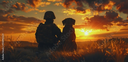 Silhouette of a soldier and a dog sitting together, watching a beautiful sunset in the countryside.