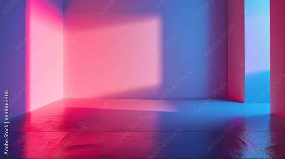 A vibrant, minimalistic corner of a room illuminated by contrasting pink and blue lights, creating an abstract yet calming atmosphere during the evening A vibrant, minimalistic corner of a room illuminated by contrasting pink and blue lights, creating an abstract yet calming atmosphere during the evening
