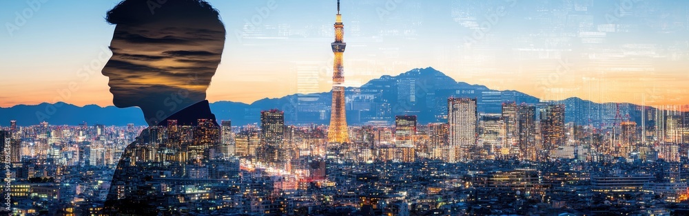 Obraz premium A man's profile silhouette merges with a vibrant city skyline during twilight