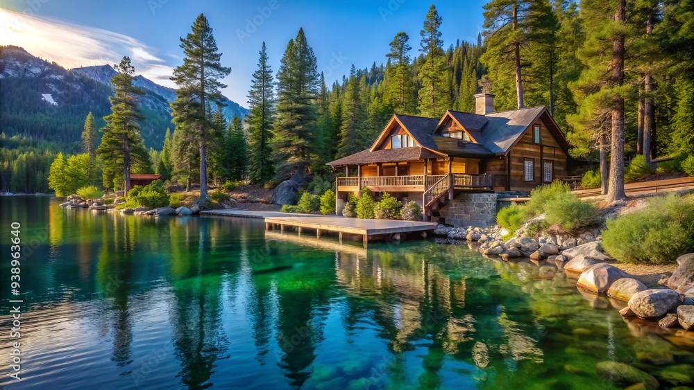 Serene lakefront property with a rustic wooden dock and tranquil mountainside scenery surrounding a cozy cabin-style house in Lake Tahoe, Nevada. Serene lakefront property with a rustic wooden dock and tranquil mountainside scenery surrounding a cozy cabin-style house in Lake Tahoe, Nevada.