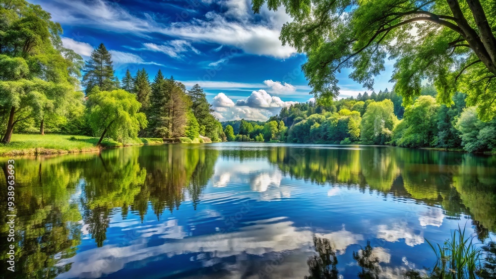 Obraz premium Serene lake scene with gentle water ripples reflecting surrounding greenery and trees, creating a sense of peacefulness and tranquility on a sunny day.
