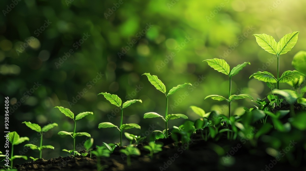 Young green seedlings growing in a row on fertile soil with natural sunlight, depicting growth, renewal, and a fresh start in nature. Young green seedlings growing in a row on fertile soil with natural sunlight, depicting growth, renewal, and a fresh start in nature.