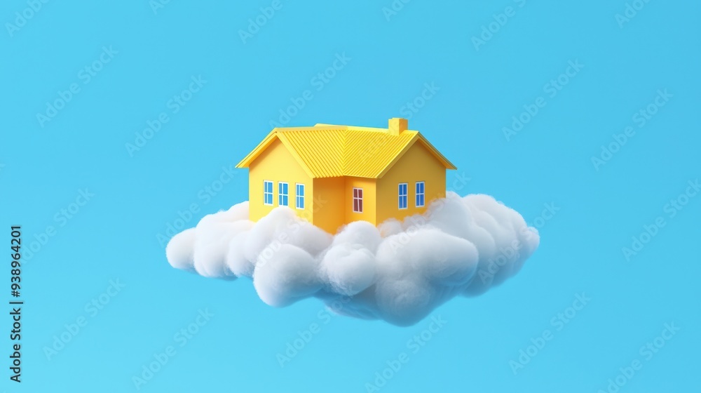 Yellow House Floating on a Cloud Against a Blue Sky, Conceptual Illustration of Home, Dream, and Aspiration Yellow House Floating on a Cloud Against a Blue Sky, Conceptual Illustration of Home, Dream, and Aspiration