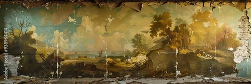 Faded Mural of a Golden Age: Faded paintings adorn a crumbling wall, depicting a past era of glory. photo