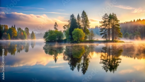 Serene misty fog gently blankets a calm lake, reflected trees stand motionless, creating a peaceful and mystical atmosphere in the early morning stillness.