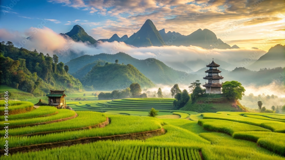 Obraz premium Serene morning mist rises above vibrant green rice paddies and traditional Asian pagodas in a picturesque rural landscape of rolling hills and distant mountains.