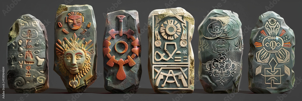 Fototapeta premium Ancient Artifacts of Wisdom: A collection of carved stones, each bearing intricate symbols and designs.