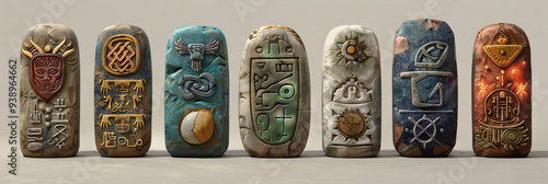 Ancient Artifacts of Wisdom: A collection of carved stones, each bearing intricate symbols and designs. photo