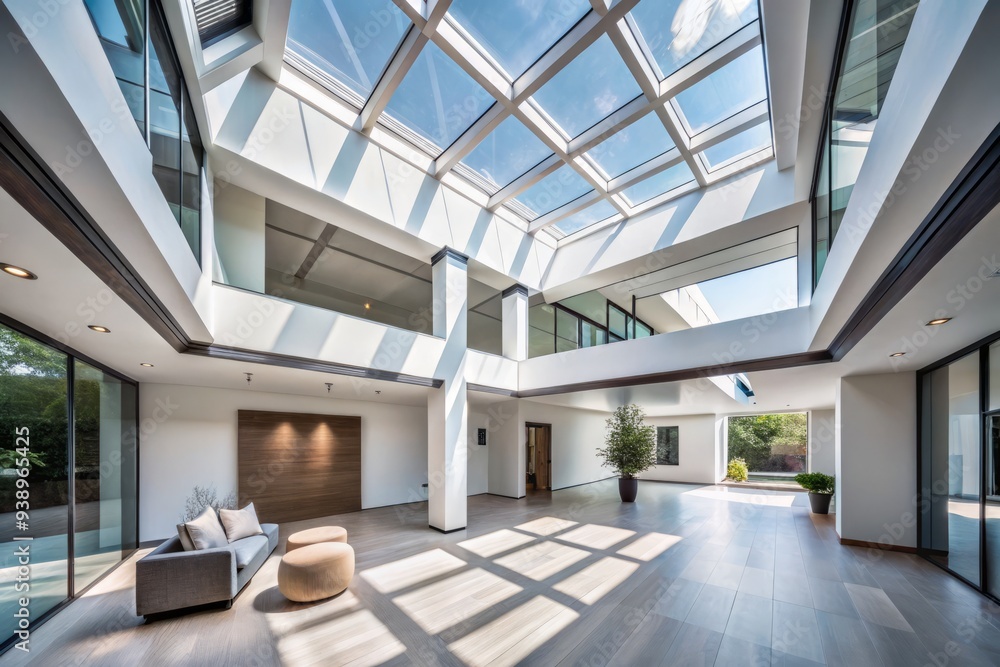 Fototapeta premium dramatic modern architecture interior rooflines intersecting abstract skylights pouring soft natural light luminous minimalist whitespace calm serene ambiance high contrast monochrome tones