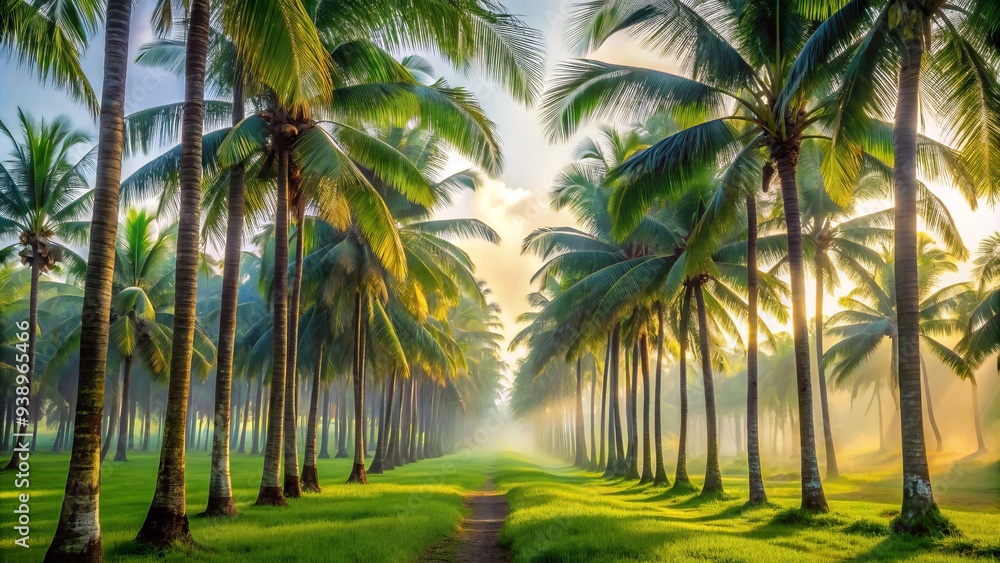 Serene rows of slender palm trees sway gently in the breeze, surrounded by lush greenery and a misty aura, evoking a sense of tropical tranquility. Serene rows of slender palm trees sway gently in the breeze, surrounded by lush greenery and a misty aura, evoking a sense of tropical tranquility.