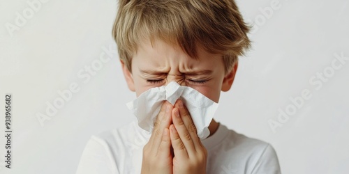 A young child with a tissue reacts to a cold, showing discomfort while sitting against a plain background in a brightly lit room during daytime photo