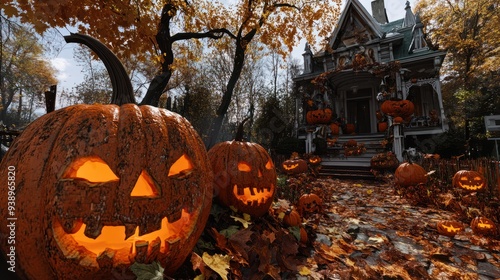 Halloween! Strangest sights Iâve ever, Pumpkins, jack-oâ-lanterns, costumes, spooky decorations, Generated with AI. photo