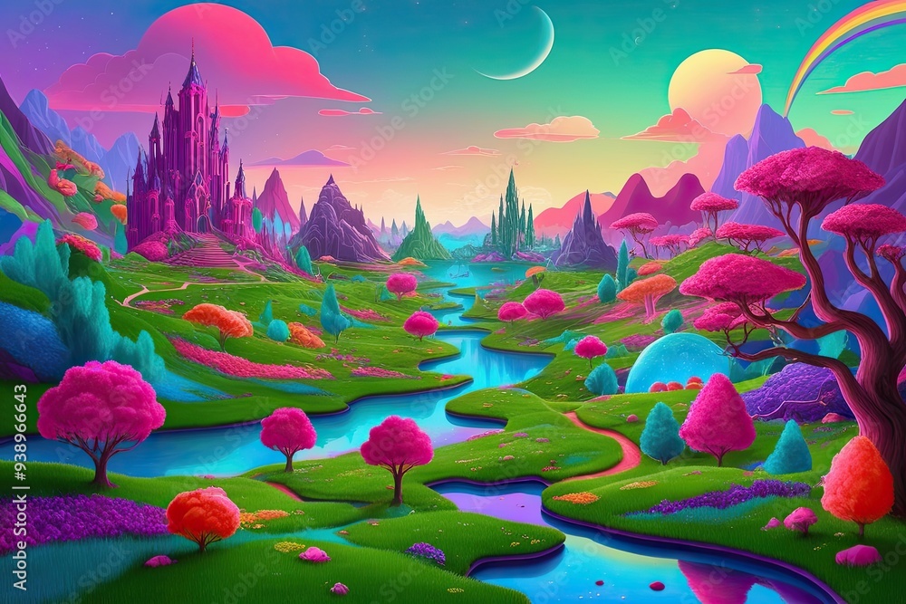Vibrant Surreal Landscape Illustration of a Playful Mythical Realm Vibrant Surreal Landscape Illustration of a Playful Mythical Realm