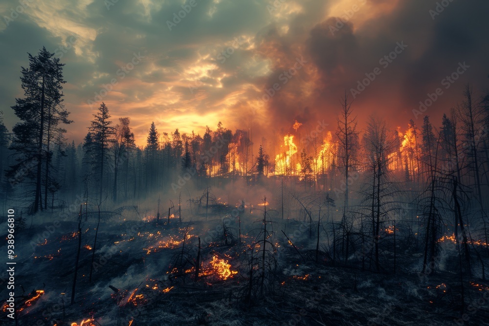 Fototapeta premium A large forest fire rages, with flames consuming trees and smoke billowing into the evening sky