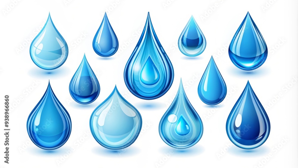 Set Of Water Drop Icons In Various Shapes And Sizes, Representing Hydration, Purity, And The Concept Of Water Conservation Set Of Water Drop Icons In Various Shapes And Sizes, Representing Hydration, Purity, And The Concept Of Water Conservation