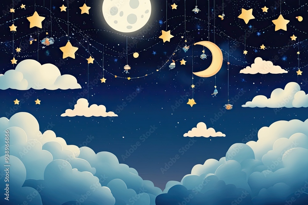Enchanting Night Sky Featuring Stars Moon and Fluffy Clouds Enchanting Night Sky Featuring Stars Moon and Fluffy Clouds