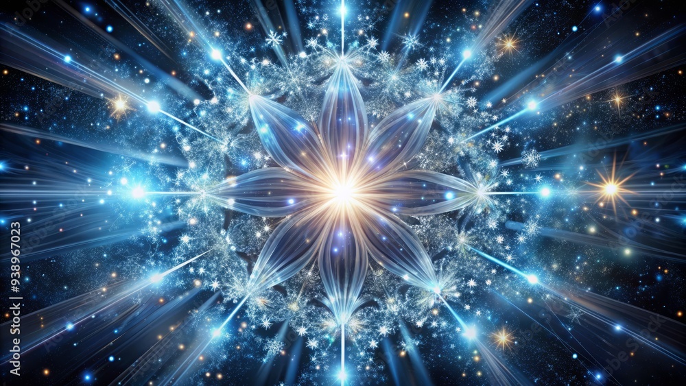 Shimmering silver starburst radiates vibrant colors, swirling patterns, and lights amidst a dark, mysterious backdrop, evoking a sense of celestial wonder and interdimensional magic. Shimmering silver starburst radiates vibrant colors, swirling patterns, and lights amidst a dark, mysterious backdrop, evoking a sense of celestial wonder and interdimensional magic.