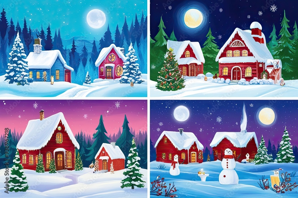Naklejka premium Vibrant Digital Art and Hand-Illustrated Whimsical Winter Landscapes