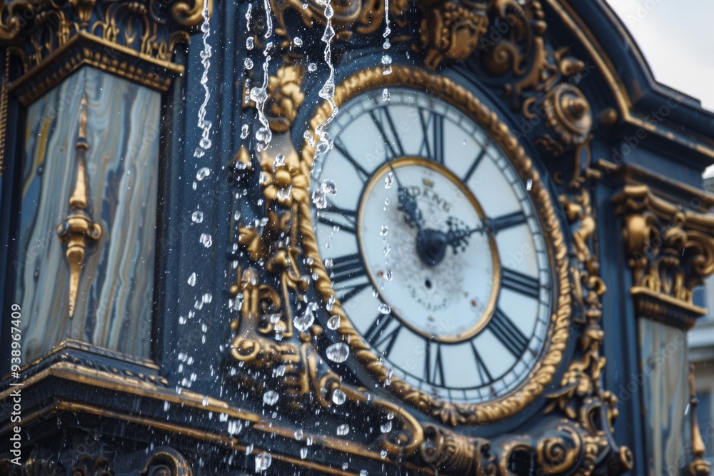 Obraz premium Water flows gracefully from the fountain, enhancing the beauty of the antique clock in a lively area